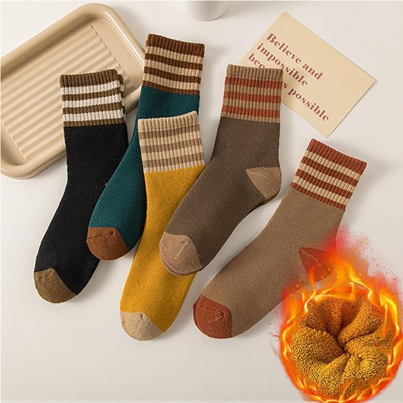 10 Pairs Oversized Thick Polar Fleece Lined Winter Socks – Vintage Striped Thermal Cotton Socks for Women & Men