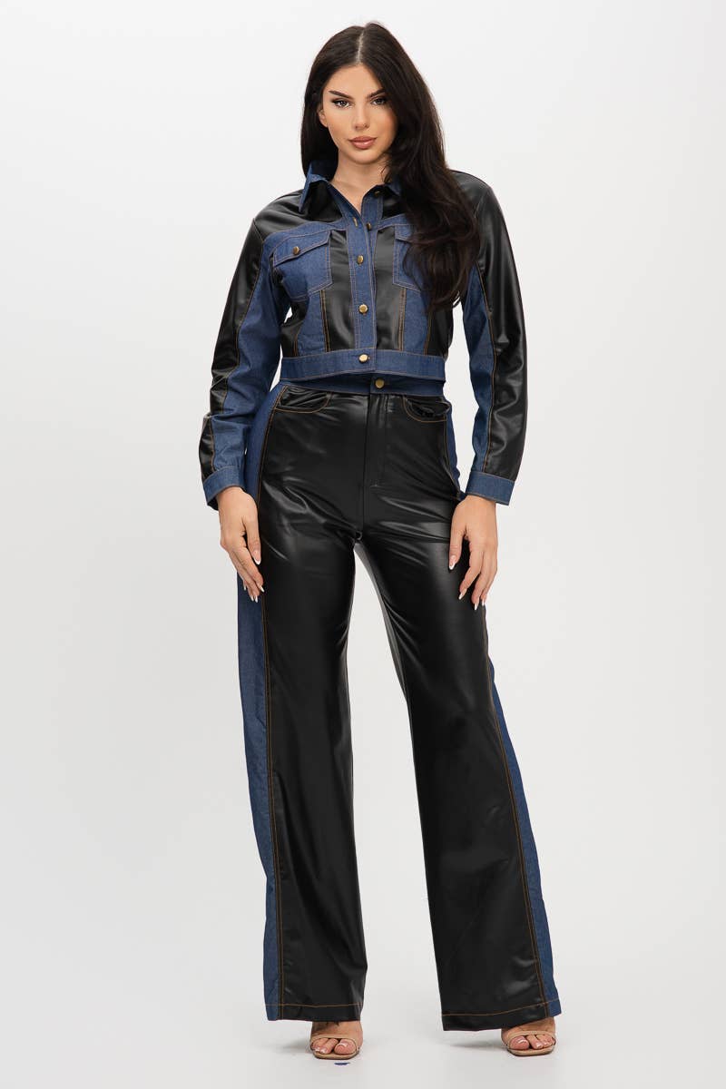 Pu Fabric Denim Contrast Jackets And Pants Set