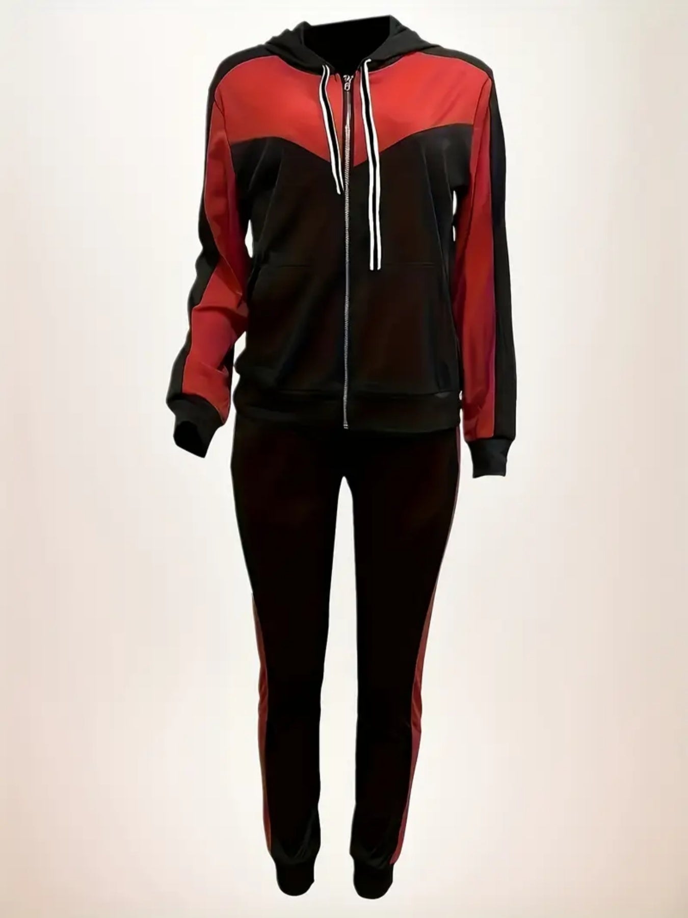 Black and red women's zip-up hoodie and matching jogger pants set with white drawstrings