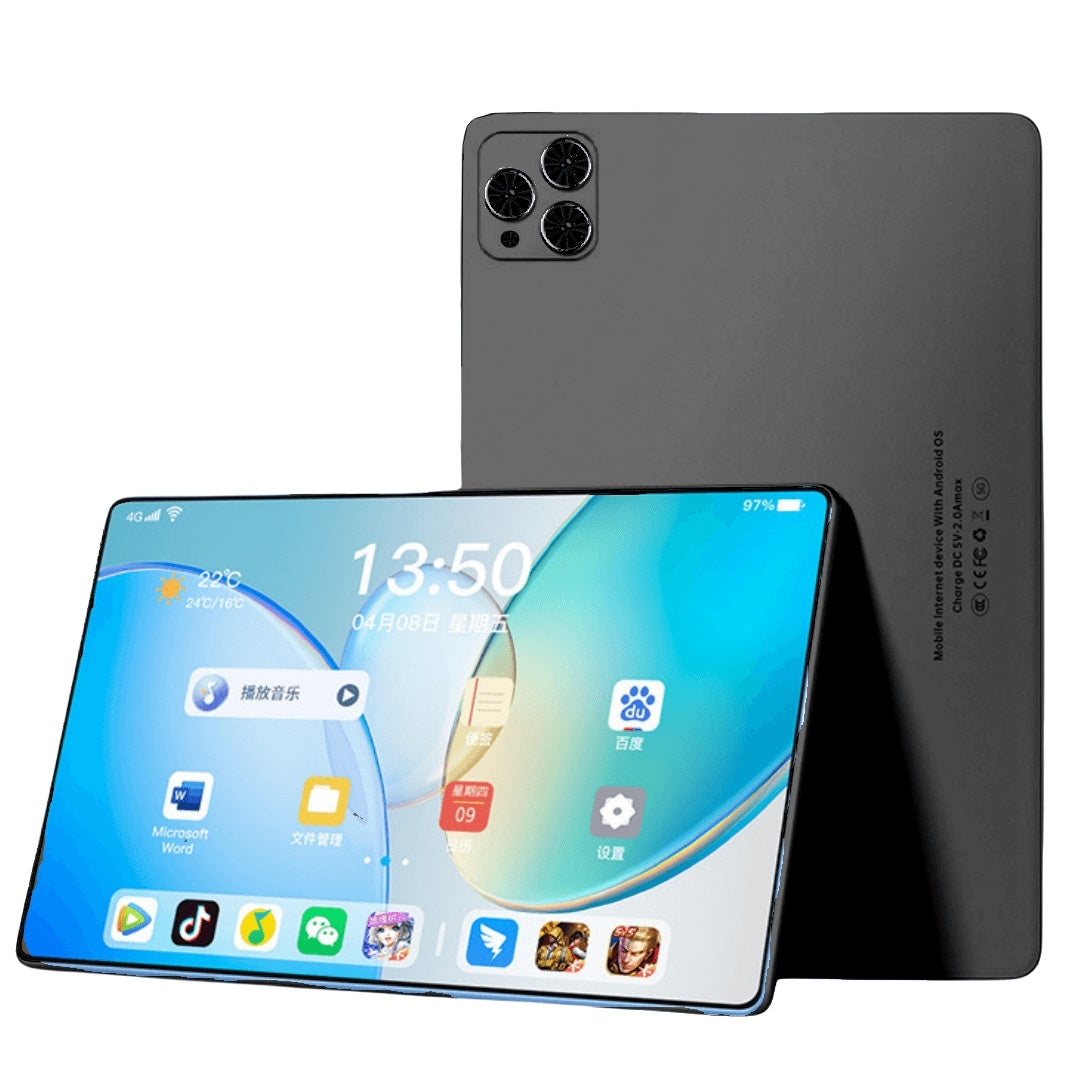 Modern black tablet with triple rear cameras and vibrant app-filled touchscreen display