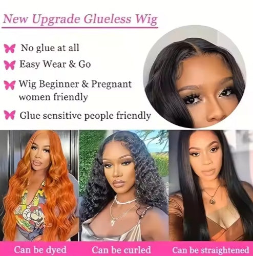 Glueless wig promotion showing women with diverse styles: dyed orange waves, curly black hair, and straight black hair, highlighting easy wear and glue-free features