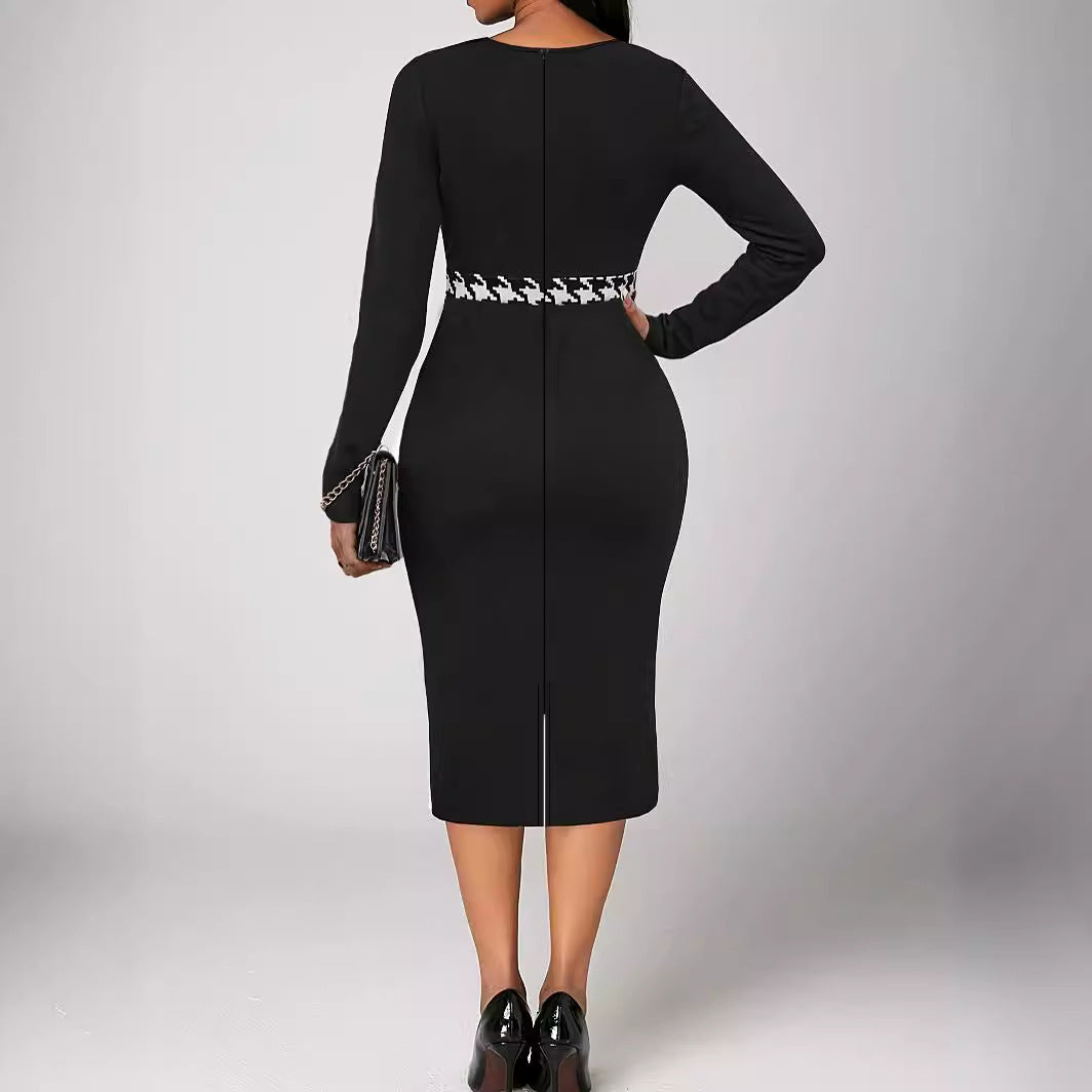 NEW Houndstooth Long Sleeve Elegant Style Sheath Dress