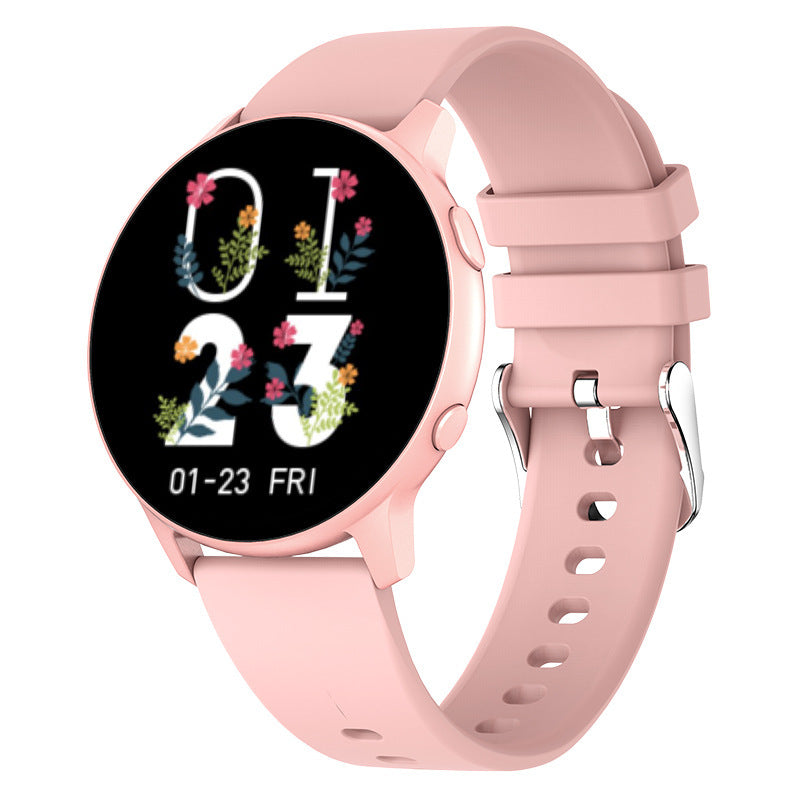 Pink smartwatch with floral digital clock display and silicone strap on white background