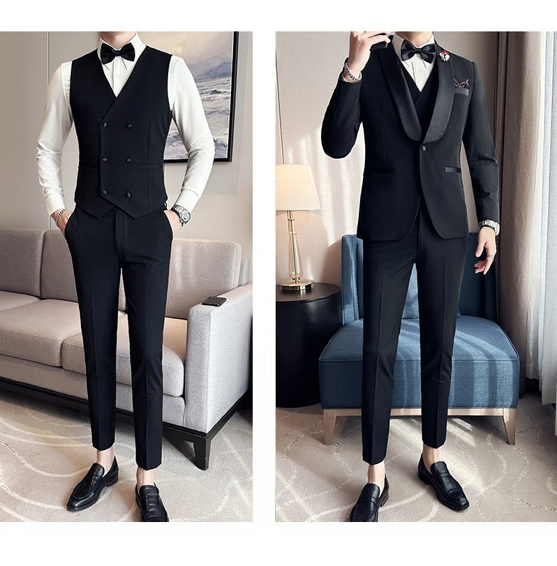 Men's black formal suit and tuxedo with bow ties in modern indoor setting, stylish dress shoes