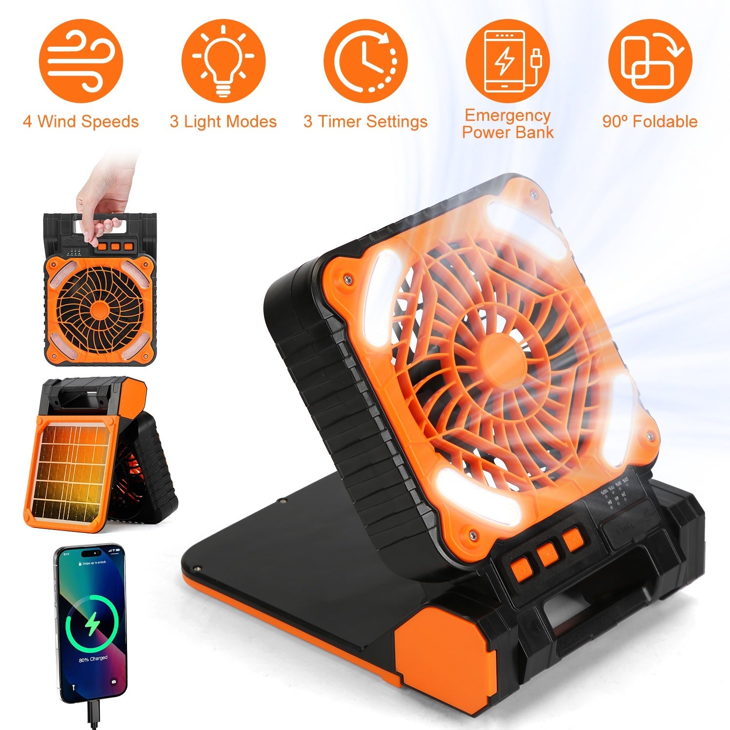 Portable orange and black foldable solar fan with LED lights and USB power bank charging a phone