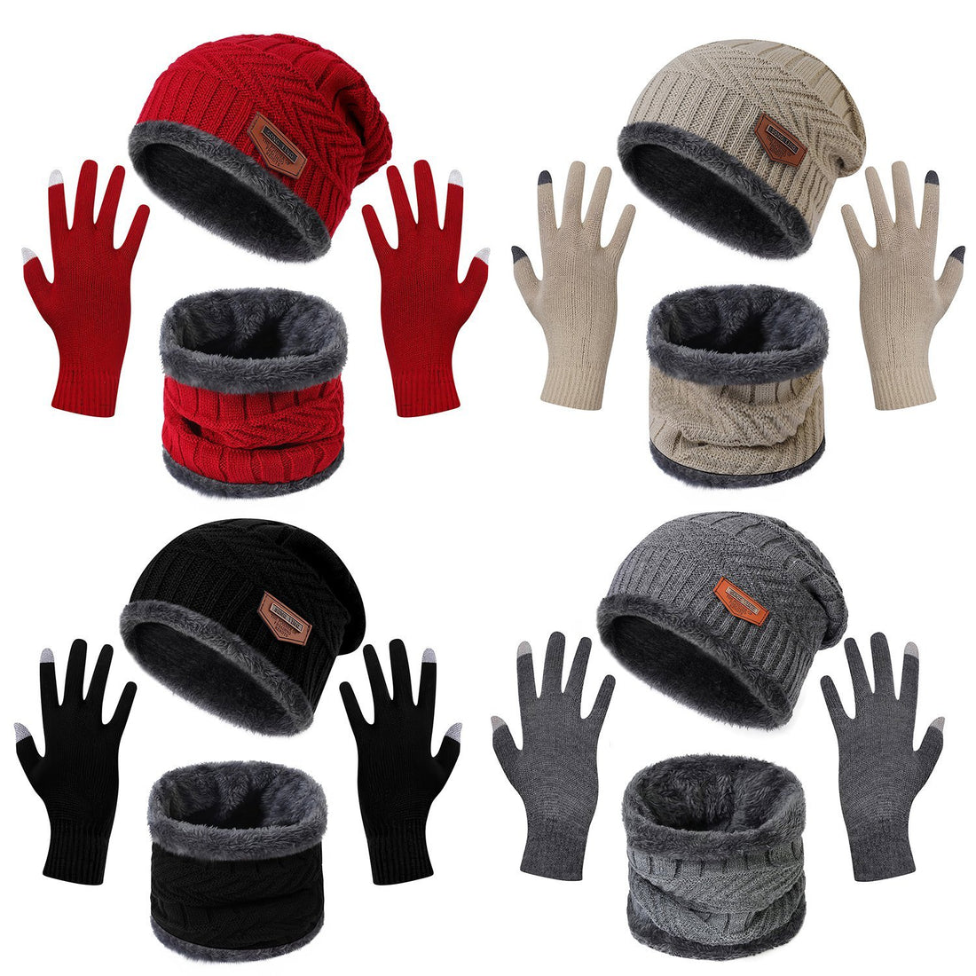 3-in-1 Winter Warm Knitted Hat, Scarf &amp; Touchscreen Gloves Set – Thick Fleece Lined Cold Weather Gear