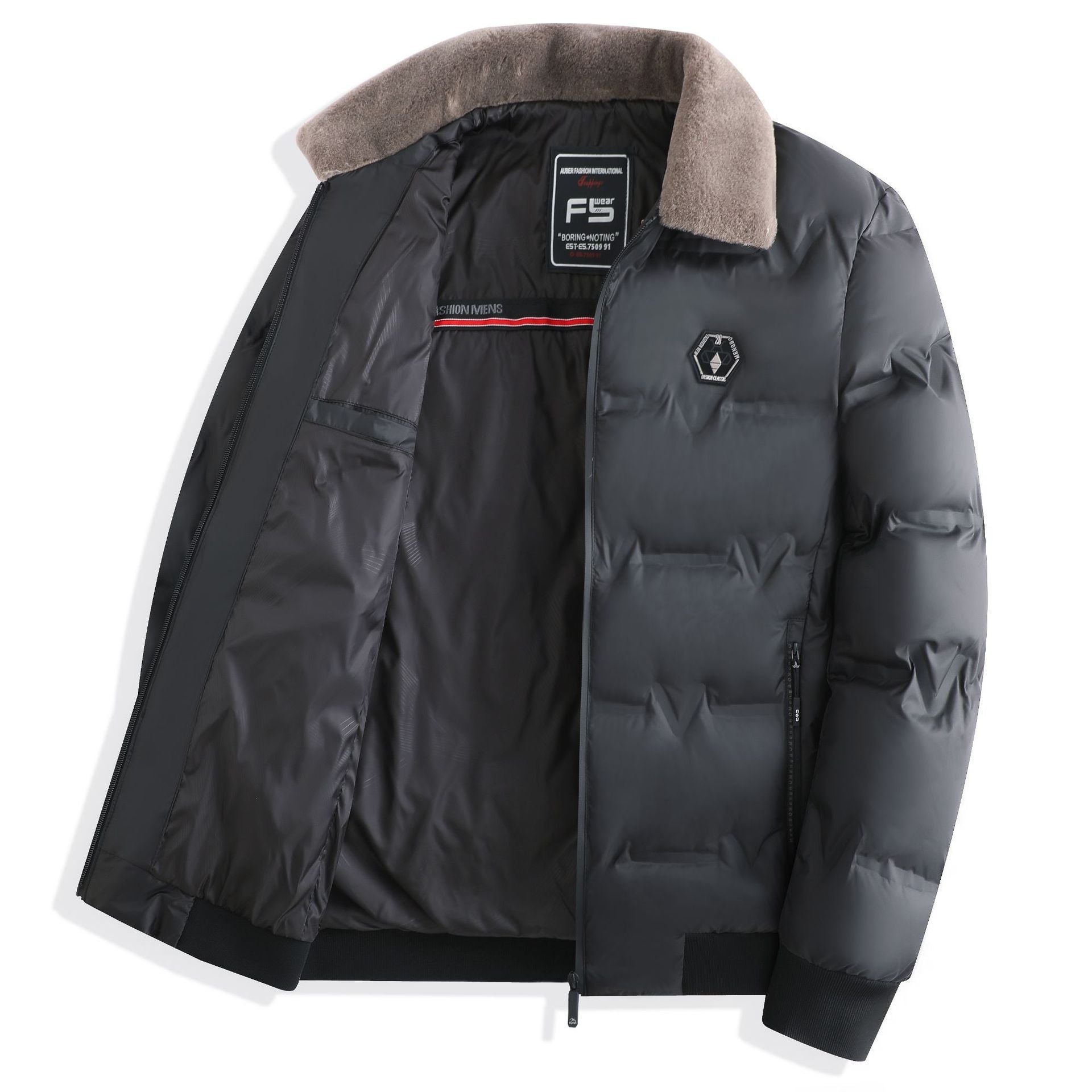 Black padded men's winter jacket with beige faux fur collar and zippered pockets