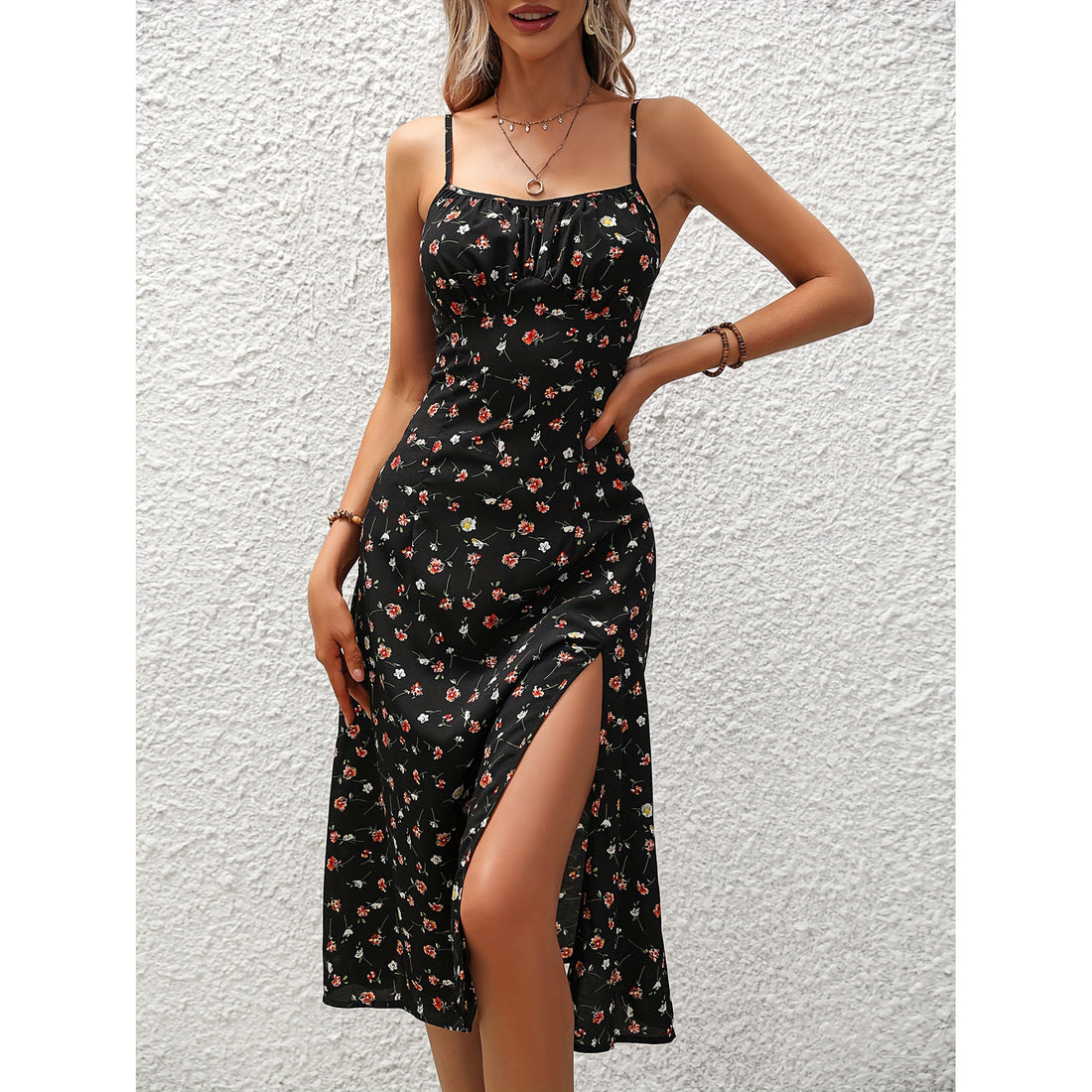 Polka Dot Print Suspender Dress Summer Sexy Slit Long Dresses For Womens Clothing
