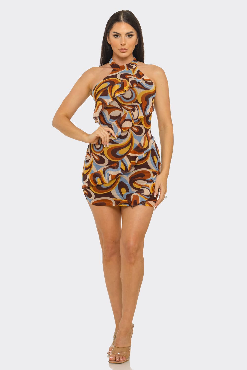 Marble Ruffle Merrow Detail Halter Neck  Dress