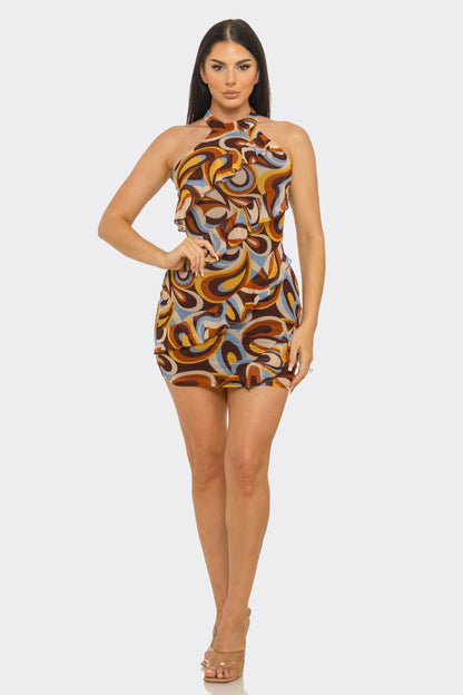 Marble Ruffle Merrow Detail Halter Neck  Dress