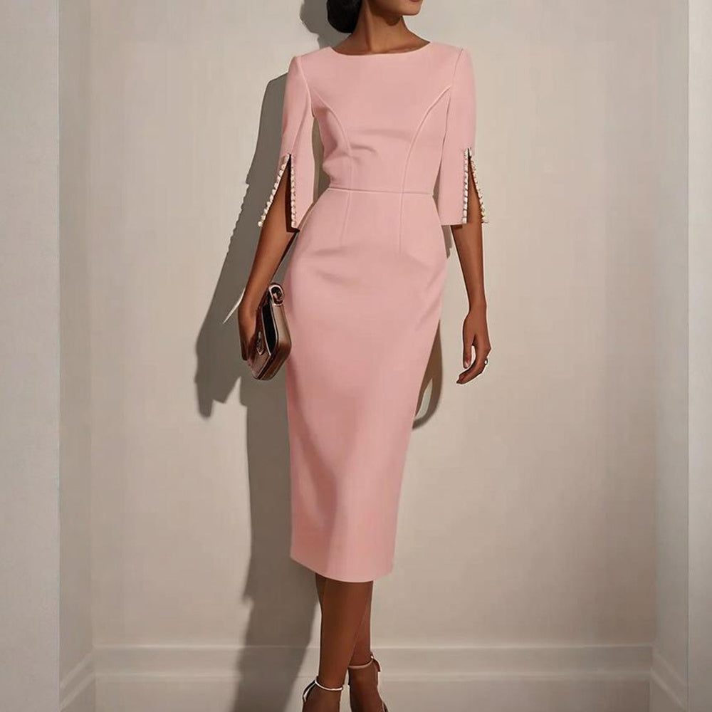 Elegant Pearl-Embellished Formal Dress for Women – Flattering Round Neck, Slit Sleeves & Seamless Back Zipper