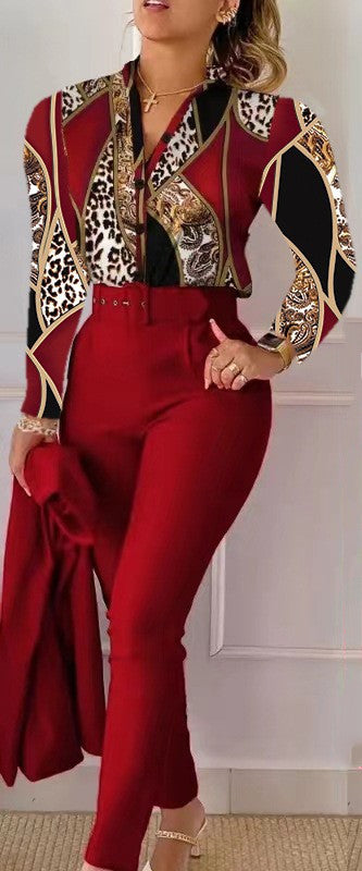 NEW Printed Long-sleeved Top Solid Color Pants Suit With Belt