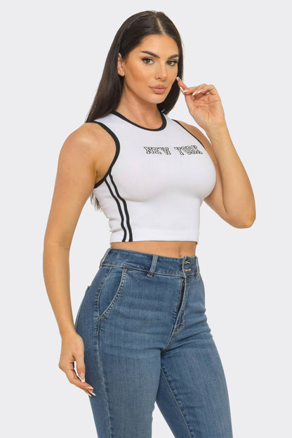 Seamless "New York" Screen Print Side Stripes Top