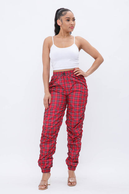 Plaid Print Wind Breaker Drawstring Shirring Jogger Pants