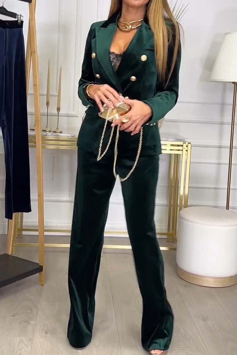 Women’s Elegant Korean Velvet 2-Piece Pantsuit Set – Long Sleeve Button Coat & Trousers (S–3XL)