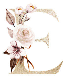 Gold textured letter E adorned with soft pink and white flowers and green leaves