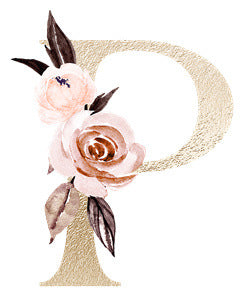 Gold textured letter P with watercolor pink roses and dark leaves floral design