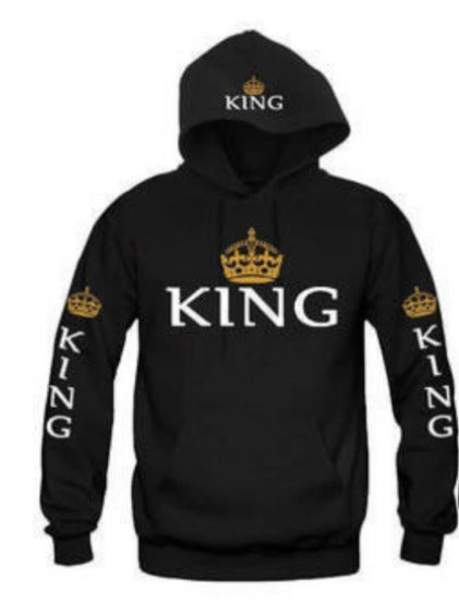 Black hoodie with gold crown and white KING text on front, sleeves, and hood