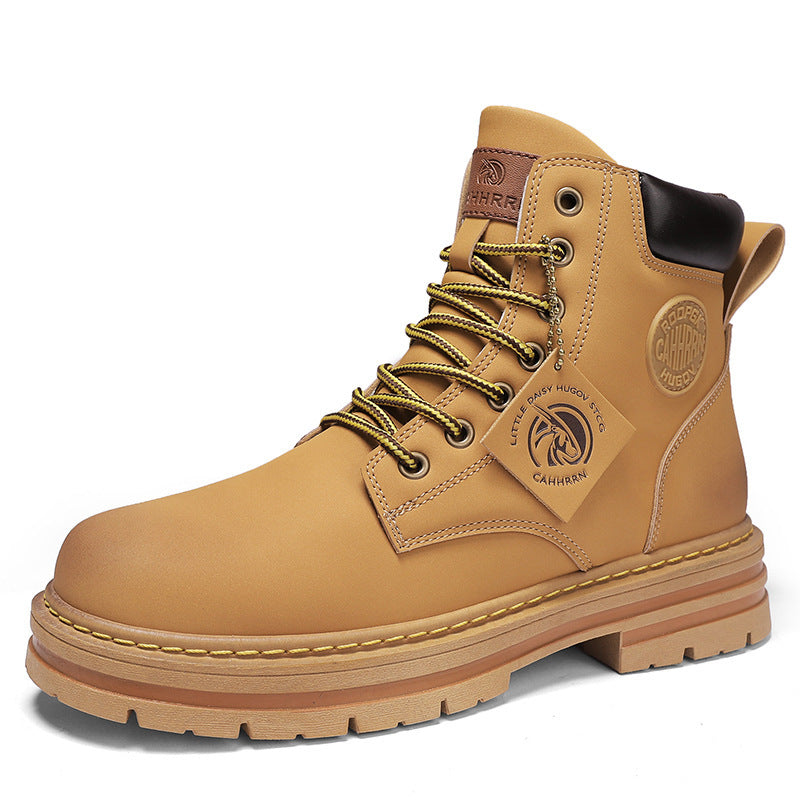 Tan leather work boot with black padded collar, yellow and black laces, embossed logo, and rugged sole