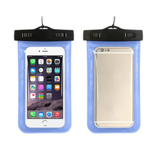 Waterproof blue phone pouch with front and back views of an iPhone inside, black locking clip top