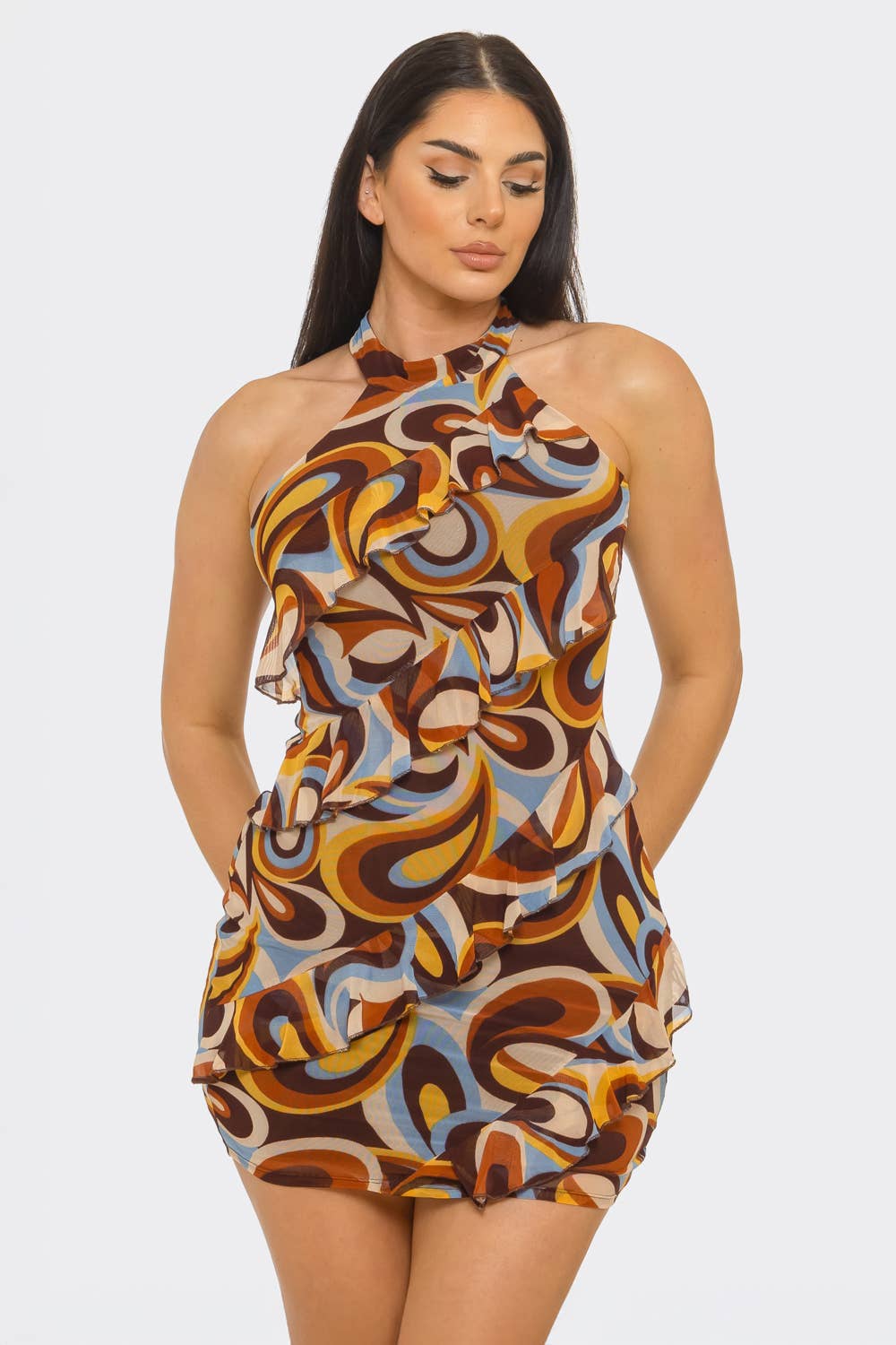 Marble Ruffle Merrow Detail Halter Neck  Dress