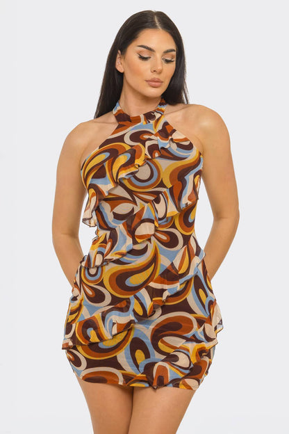 Marble Ruffle Merrow Detail Halter Neck  Dress