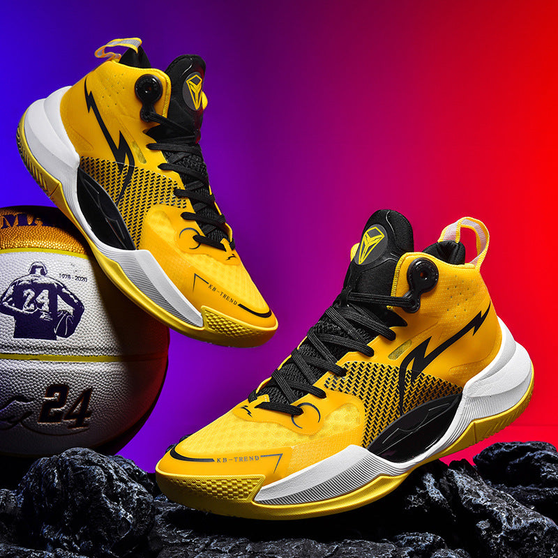 Yellow and black high-top basketball shoes beside commemorative basketball with number 24 and graphic, on black textured surface, gradient purple to red background