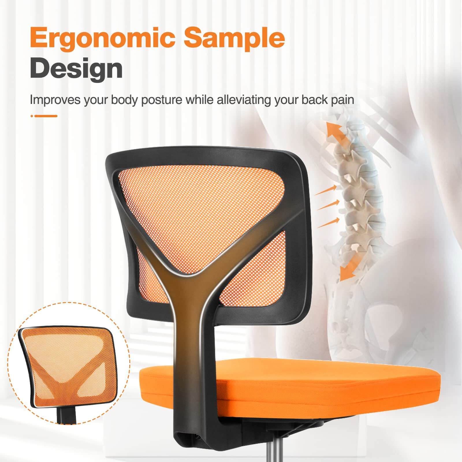 Ergonomic orange mesh office chair backrest with posture improvement graphic and text