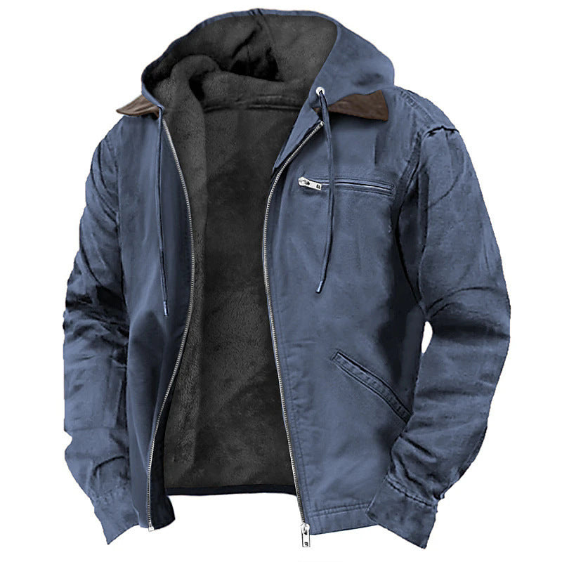 Men's blue zip-up jacket with hood and soft black fleece lining, casual outerwear