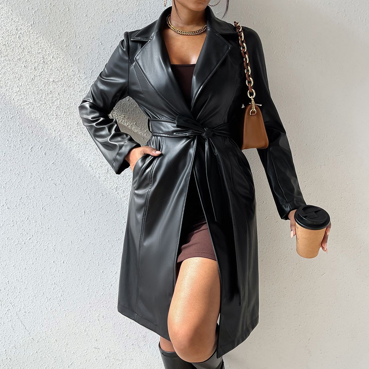 NEW Long Sleeve Lapel PU Leather Jacket With Pockets Slim Fit Long Trench Coat Women&