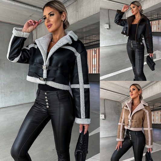 Woman modeling cropped shearling jackets in black, brown, and beige with high-waisted leather pants in parking garage