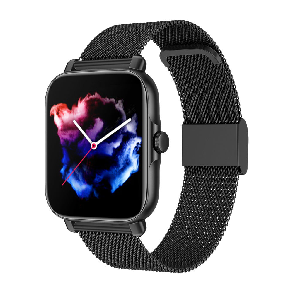 black smart watch with colorful cloud background and black mesh strap on white