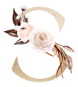 Decorative letter C with white and blush pink flowers and neutral brown leaves floral design