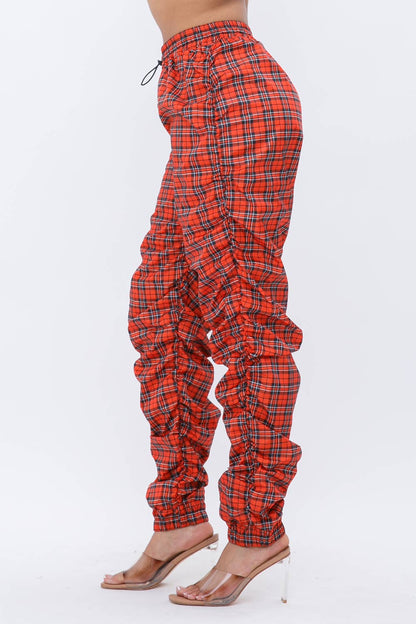 Plaid Print Wind Breaker Drawstring Shirring Jogger Pants