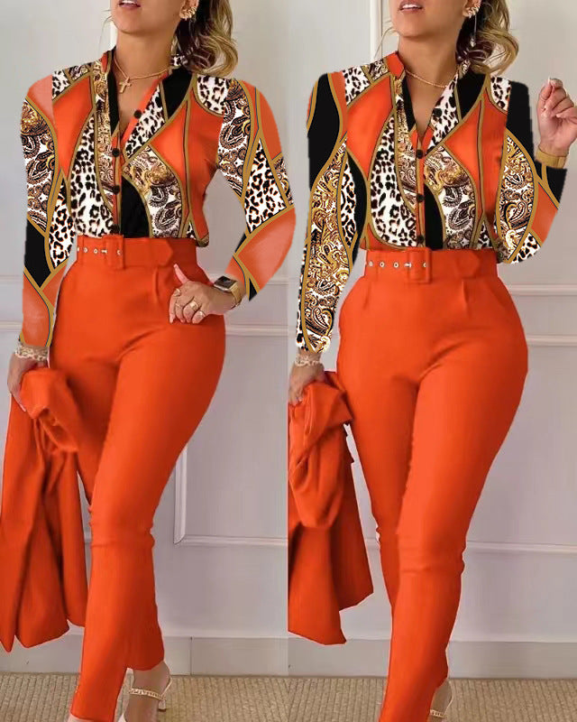 NEW Printed Long-sleeved Top Solid Color Pants Suit With Belt