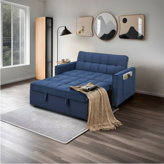 NEW Stylish Blue Pull-Out Sofa Bed With Woven Polyester Fabric &amp; Solid Wood Frame