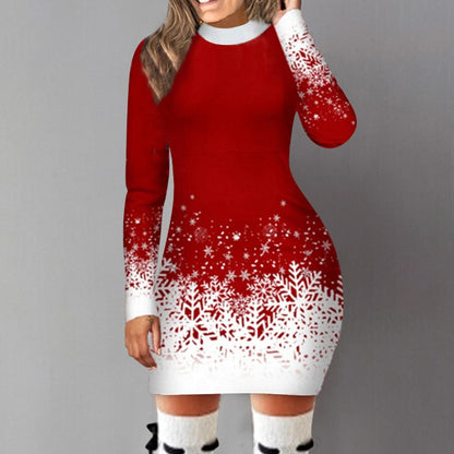 European And American Christmas Printed Long Sleeve Dress A-lineskirt Women