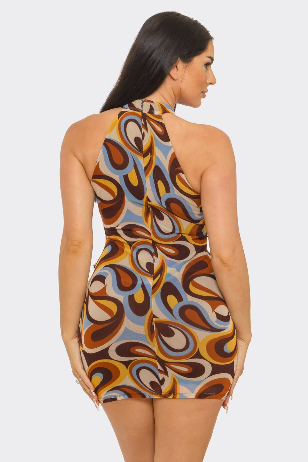 Marble Ruffle Merrow Detail Halter Neck  Dress