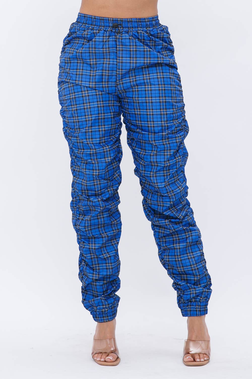 Plaid Print Wind Breaker Drawstring Shirring Jogger Pants