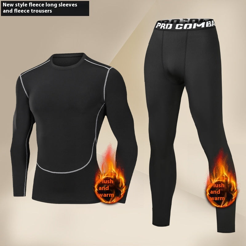 Black fleece long sleeve top and fleece trousers with white stitching, designed for warmth