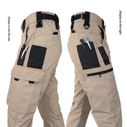Beige work pants with black tool pockets, pens, and zipper detail displayed from side views