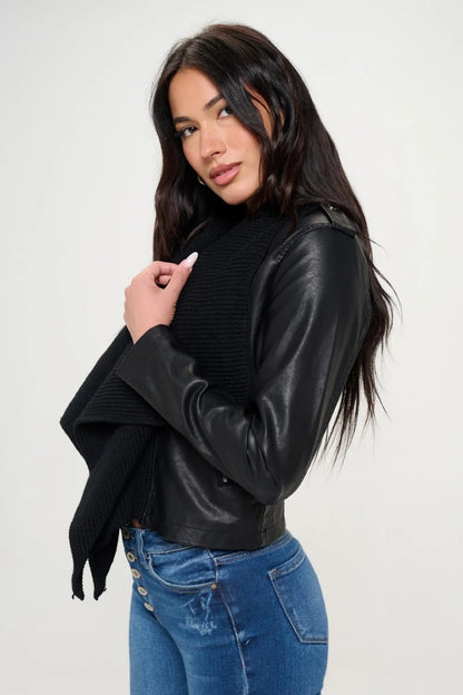 NEW Coalition LA Knit Collared Faux Leather Crop Jacket