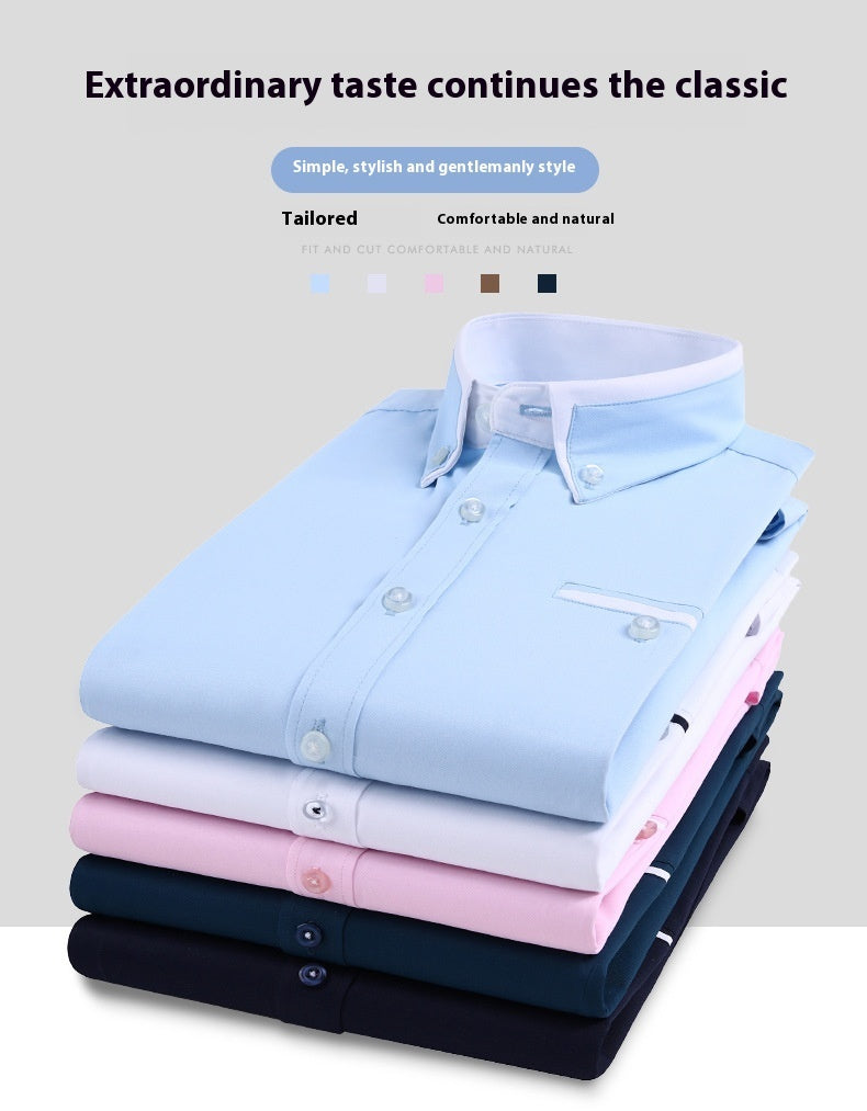 Stack of tailored men's dress shirts in blue, white, pink, dark blue, and black with button-down collars