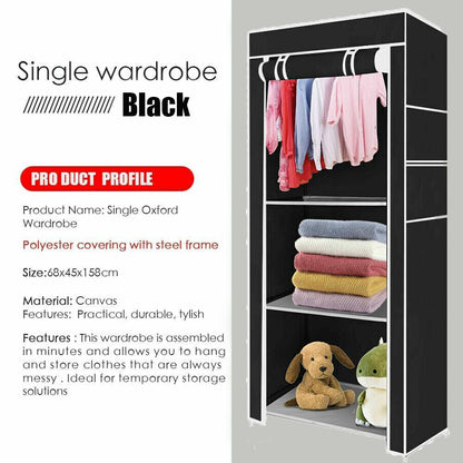 PRACTICAL FABRIC CANVAS WARDROBE HANGING RAIL SHELVING CLOTHES STORAGE CUPBOARD