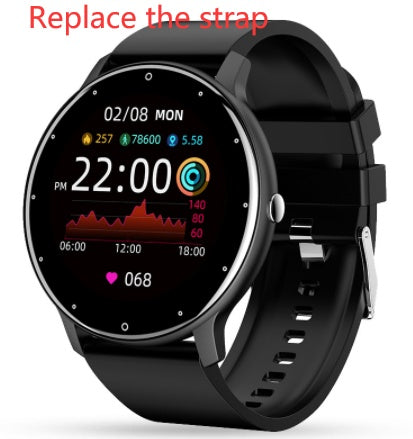 black round smart watch with fitness tracking display and black adjustable strap on white background