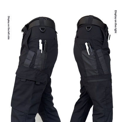 Side views of black tactical pants with multiple pockets, pen holders, and belt loops
