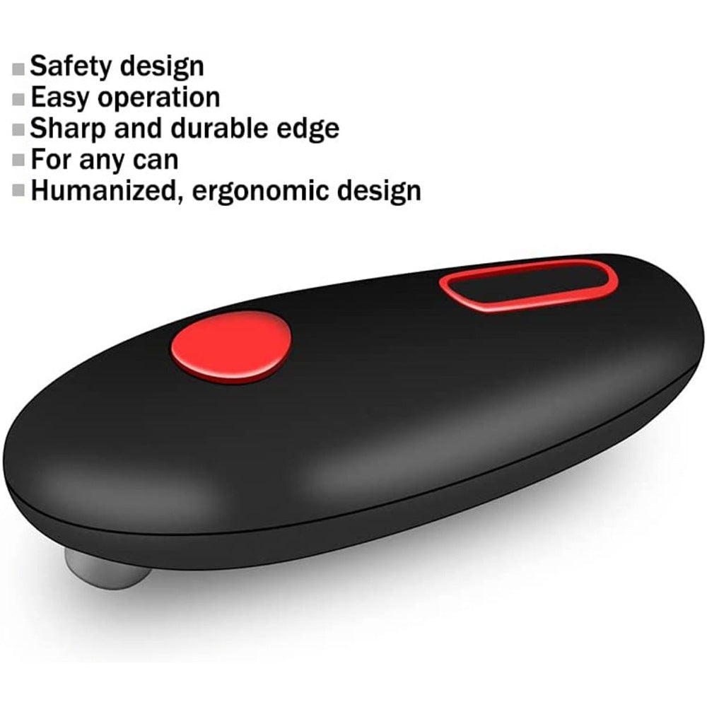 Black ergonomic can opener with red buttons and safety, durable sharp edge design