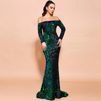 NEW Sexy Strapless Long Sleeve Sequins Party Evening Dress