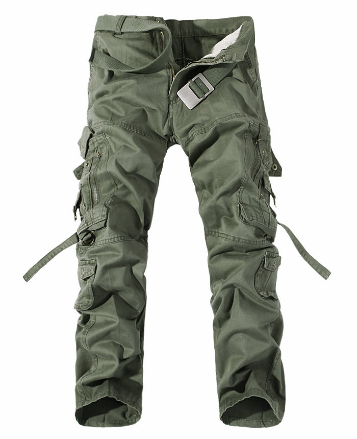 olive green cargo pants with multiple pockets and straps on a white background