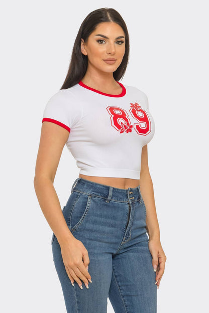 Seamless Contrast Binding "89" Screen Print Top
